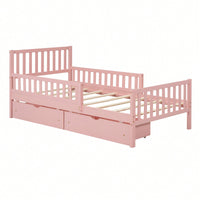 Twin Size Wood Platform Bed With Safety Guardrails And Dual Storage Drawers In Pink