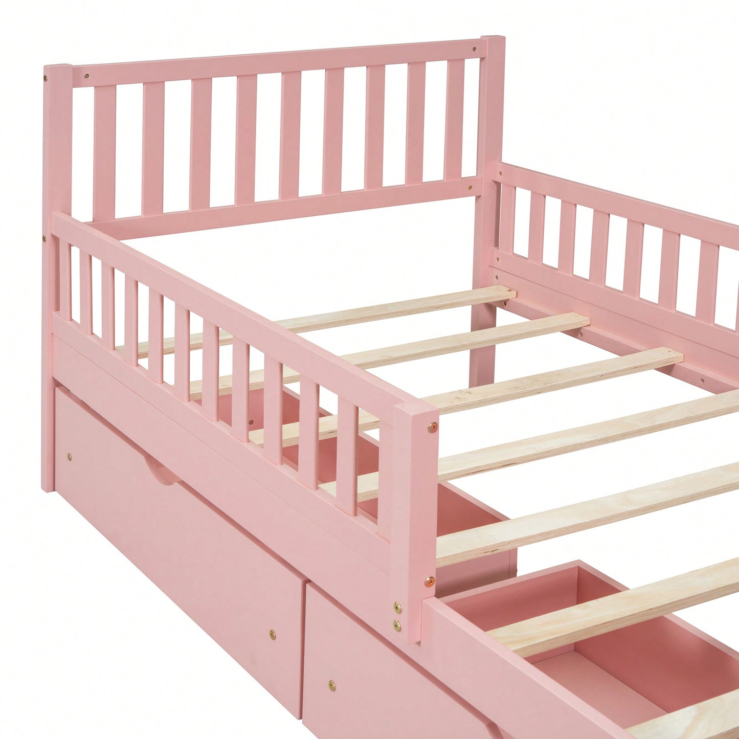 Twin Size Wood Platform Bed With Safety Guardrails And Dual Storage Drawers In Pink