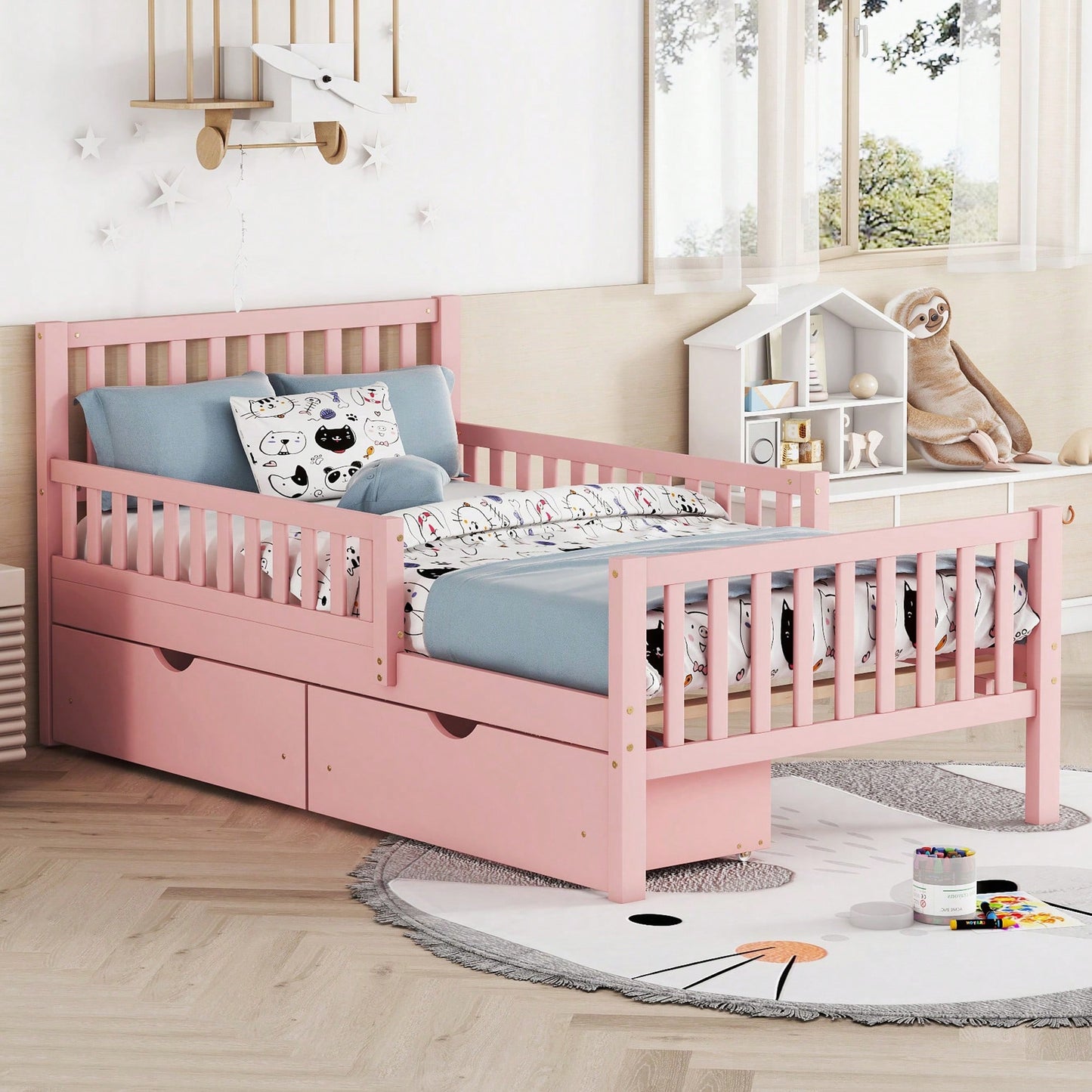 Twin Size Wood Platform Bed With Safety Guardrails And Dual Storage Drawers In Pink