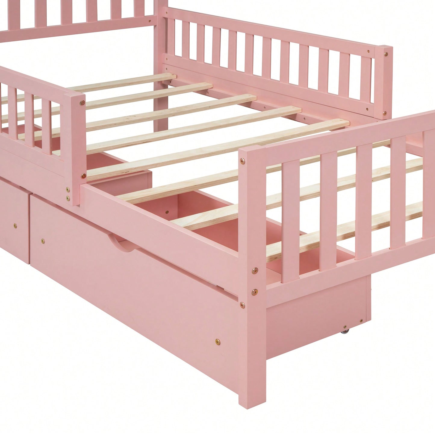 Twin Size Wood Platform Bed With Safety Guardrails And Dual Storage Drawers In Pink