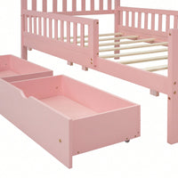 Twin Size Wood Platform Bed With Safety Guardrails And Dual Storage Drawers In Pink