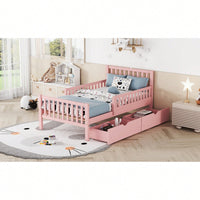 Twin Size Wood Platform Bed With Safety Guardrails And Dual Storage Drawers In Pink
