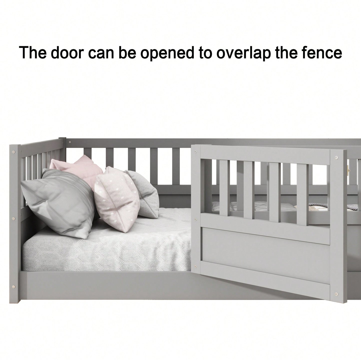 Montessori Style Full Size Children's Floor Bed With High Security Barrier And Door In Grey
