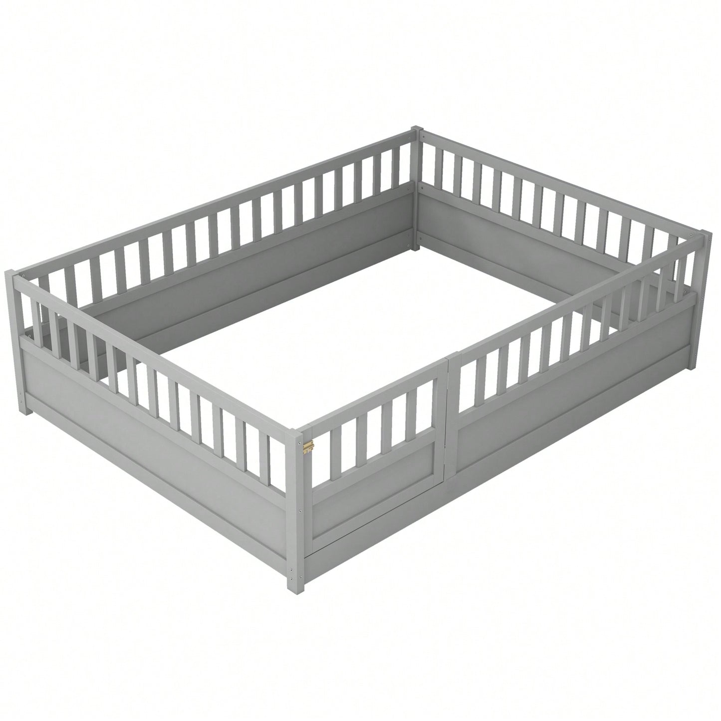 Montessori Style Full Size Children's Floor Bed With High Security Barrier And Door In Grey