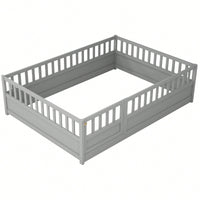 Montessori Style Full Size Children's Floor Bed With High Security Barrier And Door In Grey