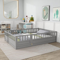 Montessori Style Full Size Children's Floor Bed With High Security Barrier And Door In Grey