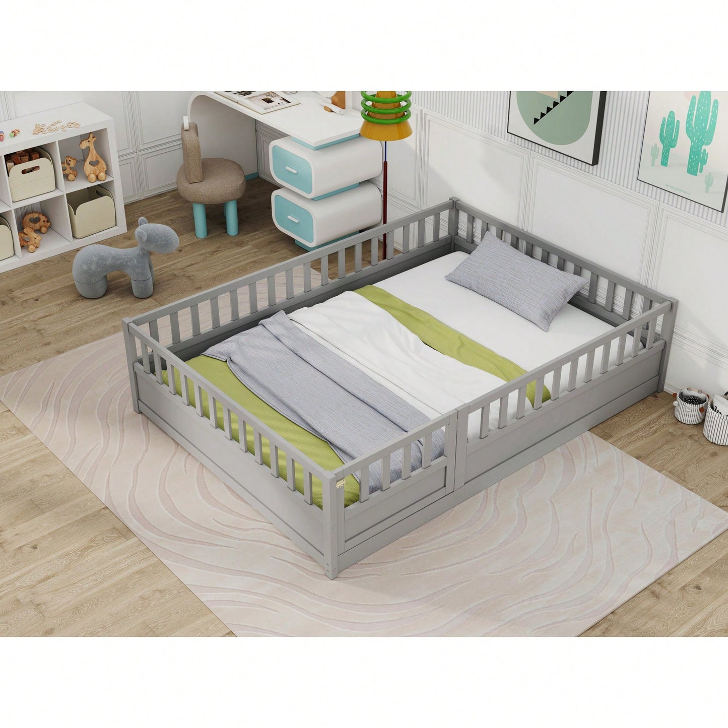 Montessori Style Full Size Children's Floor Bed With High Security Barrier And Door In Grey