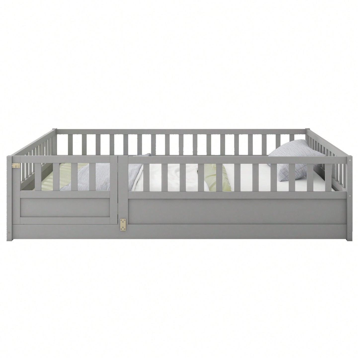Montessori Style Full Size Children's Floor Bed With High Security Barrier And Door In Grey