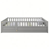 Montessori Style Full Size Children's Floor Bed With High Security Barrier And Door In Grey