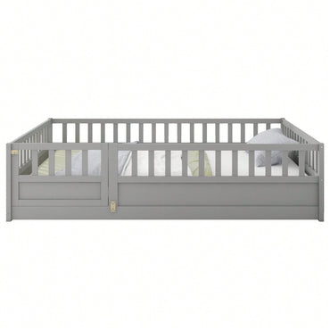 Montessori Style Full Size Children's Floor Bed With High Security Barrier And Door In Grey