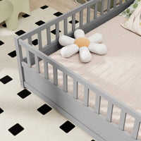 Montessori Style Full Size Children's Floor Bed With High Security Barrier And Door In Grey