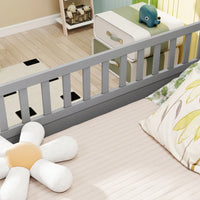 Montessori Style Full Size Children's Floor Bed With High Security Barrier And Door In Grey
