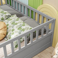 Montessori Style Full Size Children's Floor Bed With High Security Barrier And Door In Grey