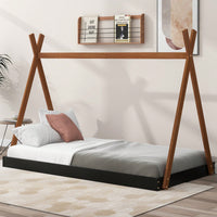 Twin Size Triangle Structure Tent Floor Bed In Black And Brown