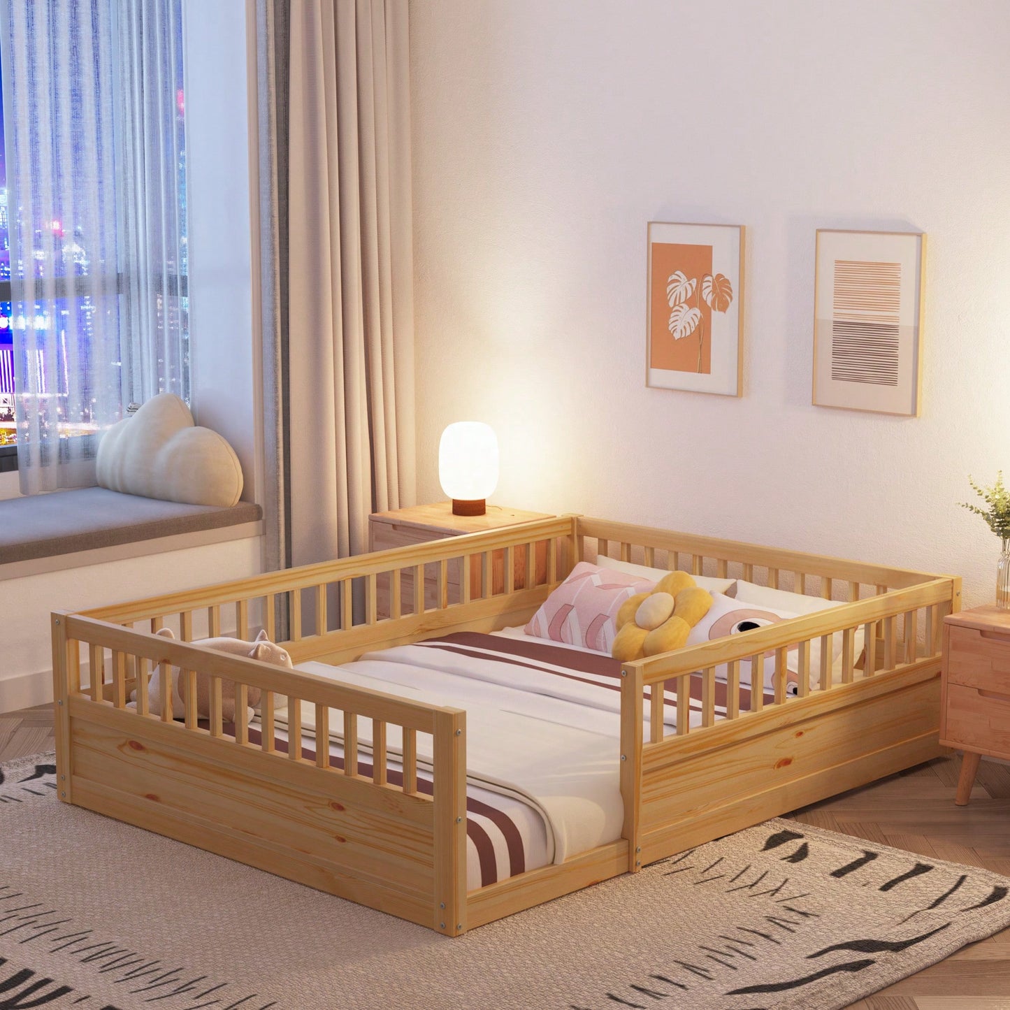 Natural Wood Full Floor Bed Frame With Safety Fence For Kids Bedroom And Playroom