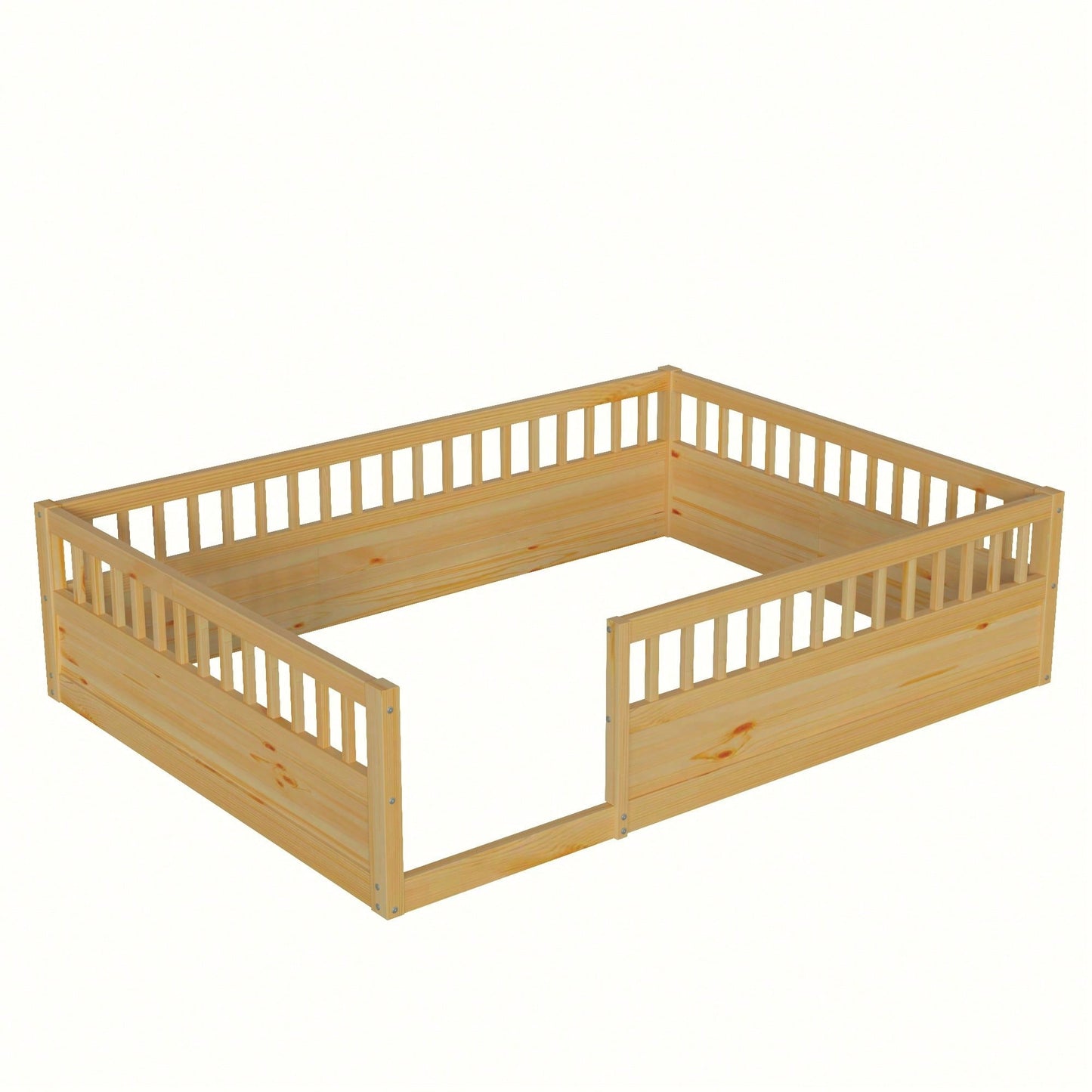 Natural Wood Full Floor Bed Frame With Safety Fence For Kids Bedroom And Playroom