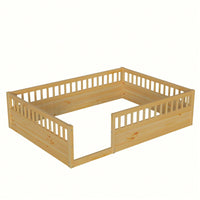 Natural Wood Full Floor Bed Frame With Safety Fence For Kids Bedroom And Playroom
