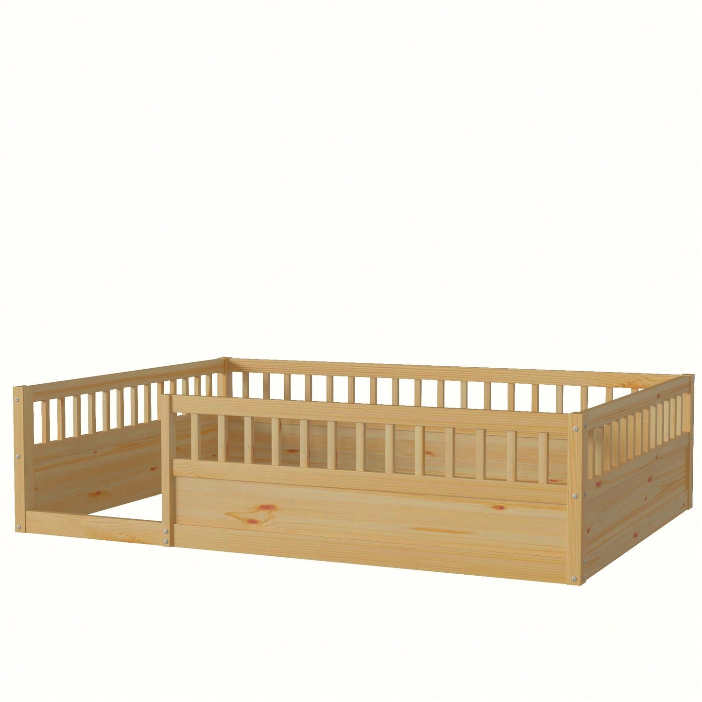 Natural Wood Full Floor Bed Frame With Safety Fence For Kids Bedroom And Playroom