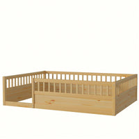 Natural Wood Full Floor Bed Frame With Safety Fence For Kids Bedroom And Playroom