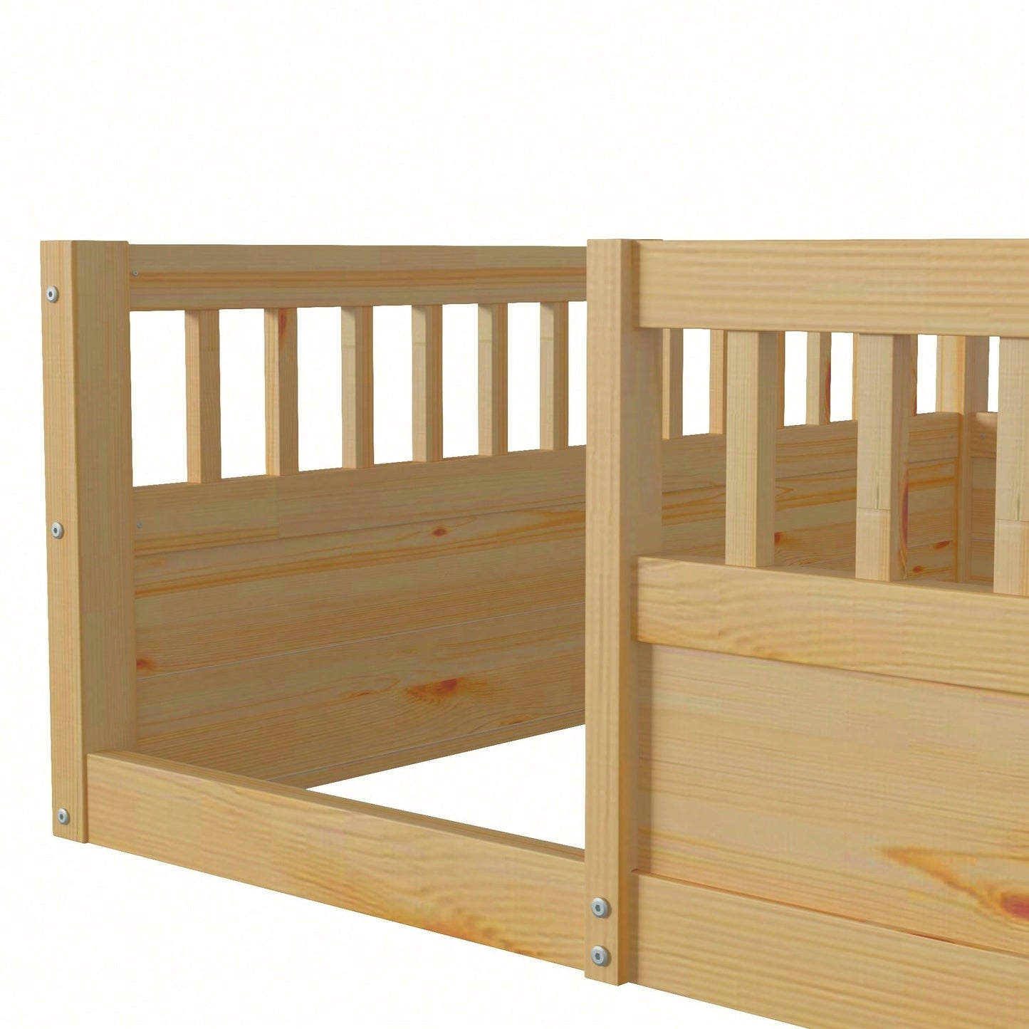 Natural Wood Full Floor Bed Frame With Safety Fence For Kids Bedroom And Playroom