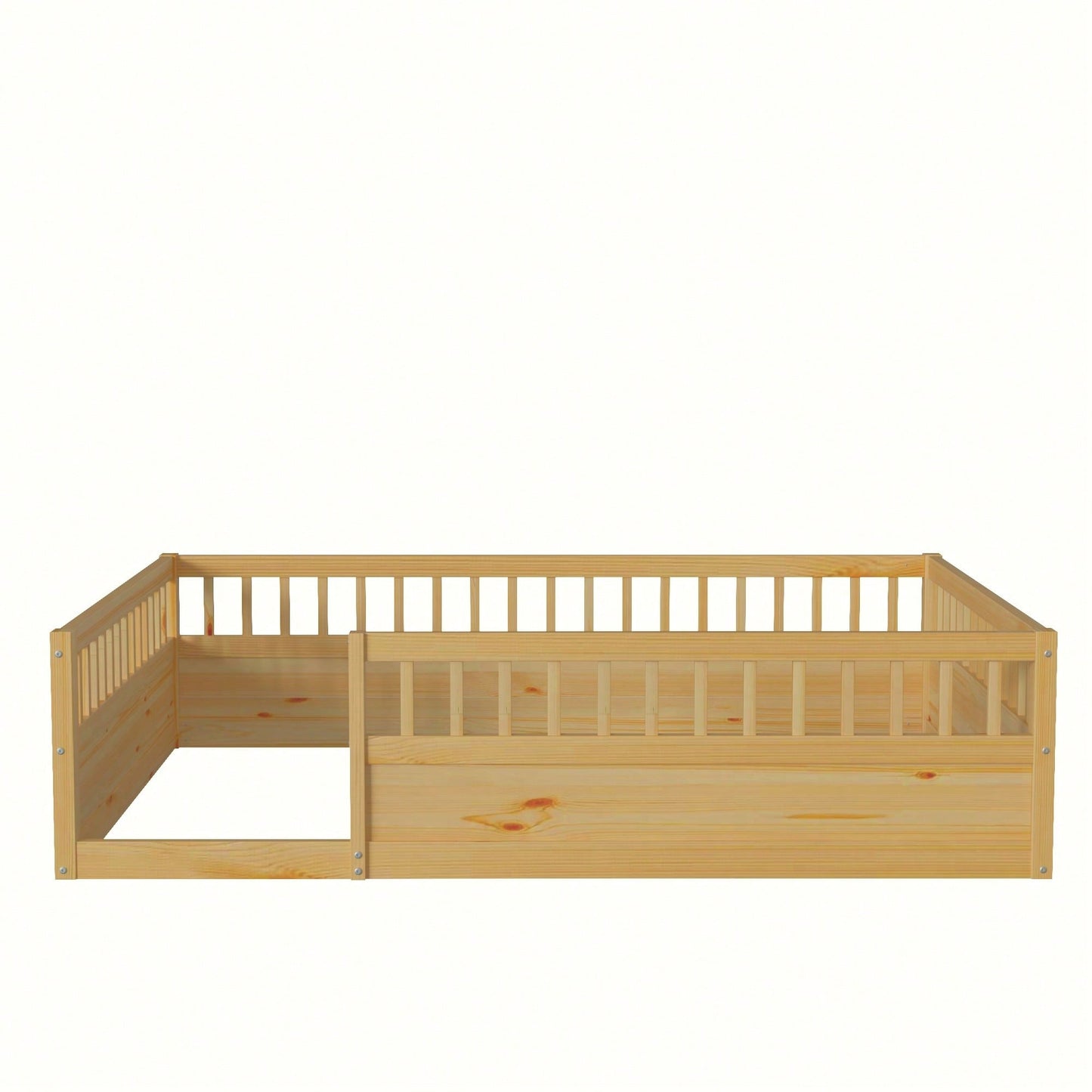 Natural Wood Full Floor Bed Frame With Safety Fence For Kids Bedroom And Playroom