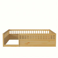 Natural Wood Full Floor Bed Frame With Safety Fence For Kids Bedroom And Playroom