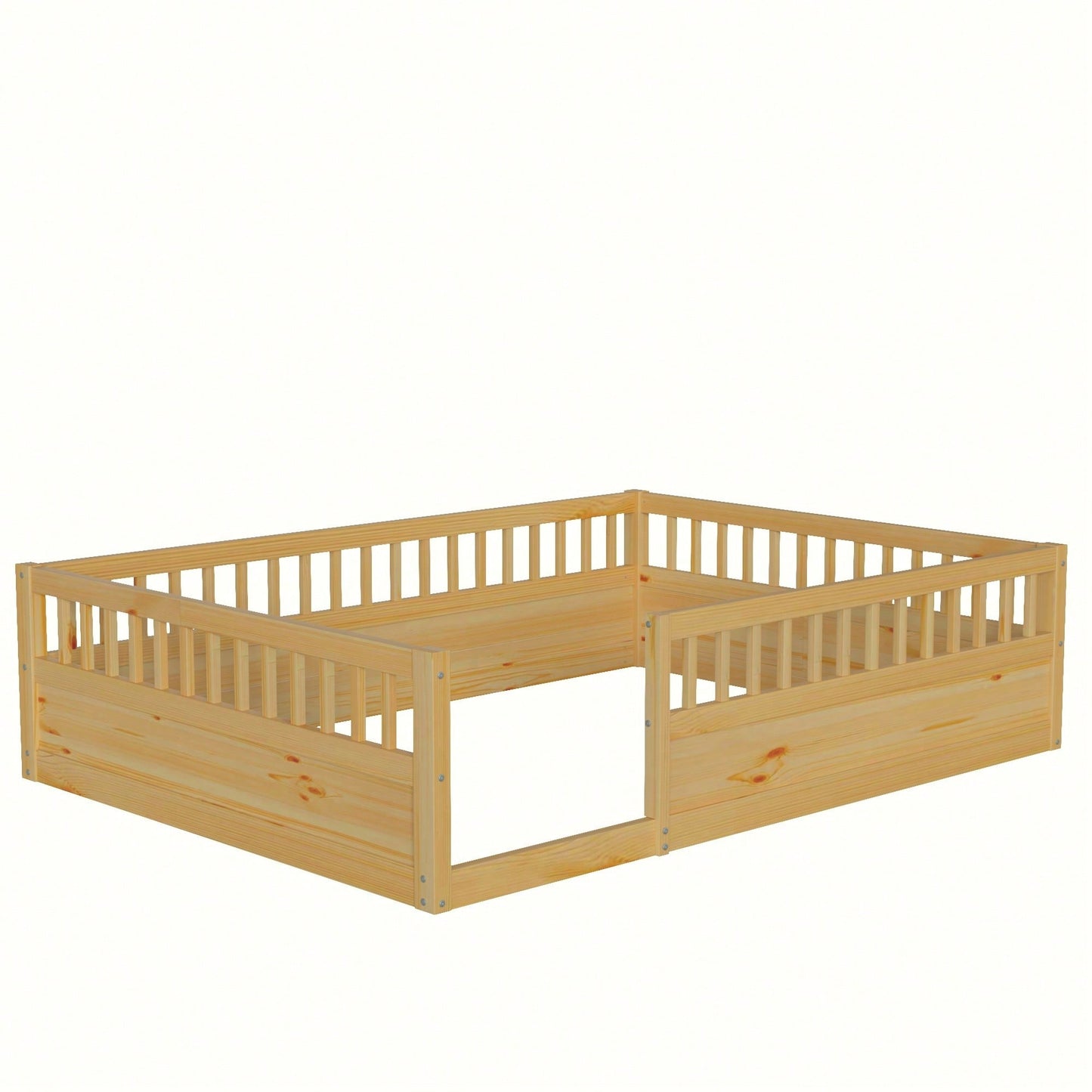 Natural Wood Full Floor Bed Frame With Safety Fence For Kids Bedroom And Playroom