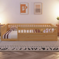 Natural Wood Full Floor Bed Frame With Safety Fence For Kids Bedroom And Playroom
