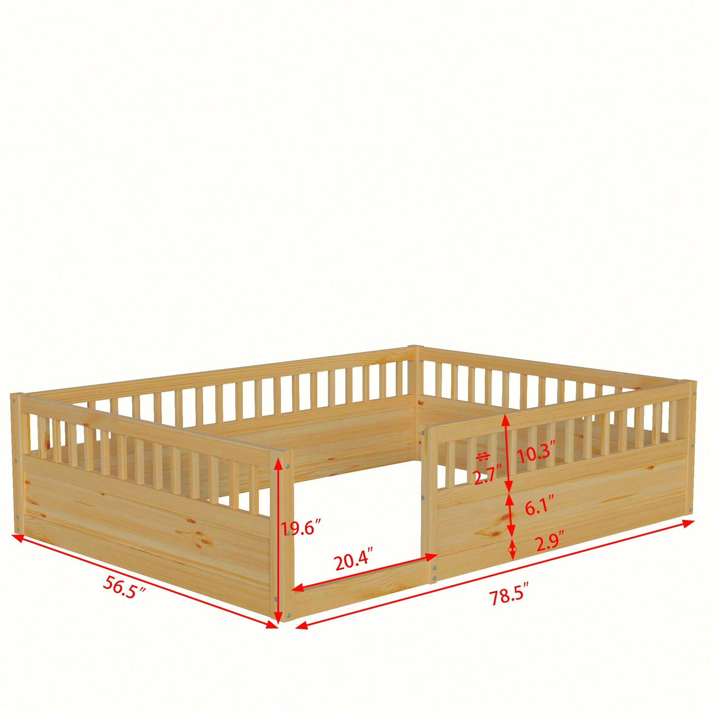 Natural Wood Full Floor Bed Frame With Safety Fence For Kids Bedroom And Playroom
