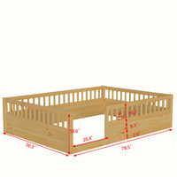 Natural Wood Full Floor Bed Frame With Safety Fence For Kids Bedroom And Playroom