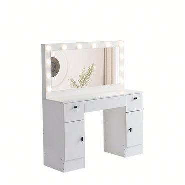 Lighted Vanity Table with Adjustable Brightness Mirror 3 Drawer Storage Cabinet 3 Color Lighting Modes White