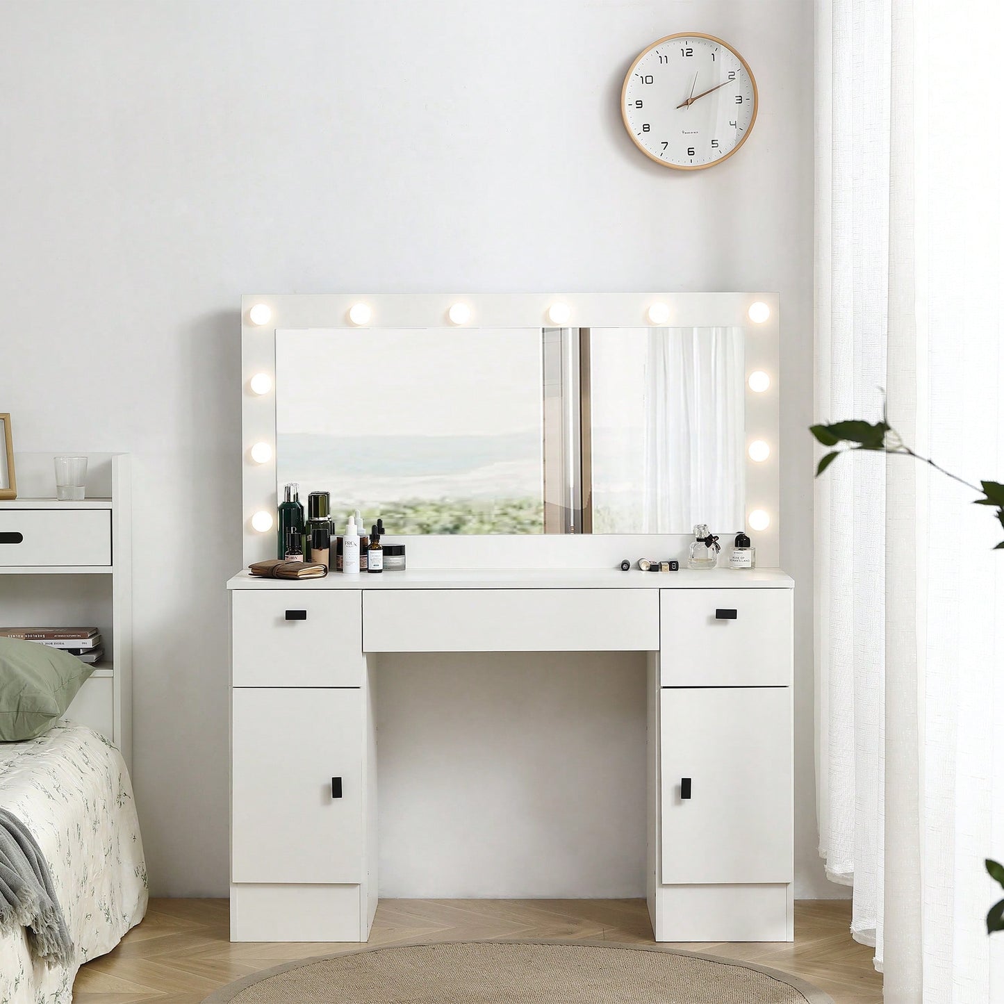 Lighted Vanity Table with Adjustable Brightness Mirror 3 Drawer Storage Cabinet 3 Color Lighting Modes White