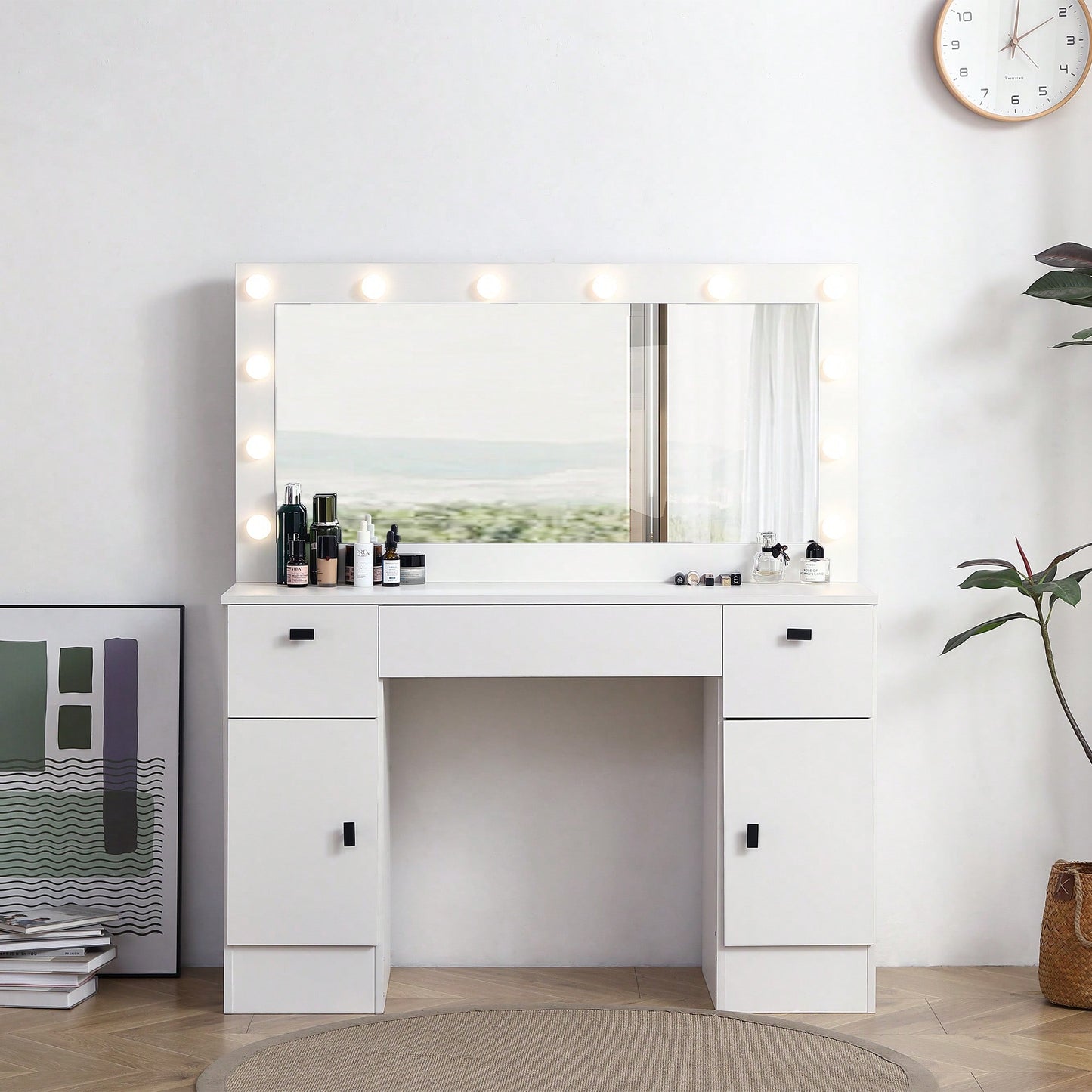 Lighted Vanity Table with Adjustable Brightness Mirror 3 Drawer Storage Cabinet 3 Color Lighting Modes White