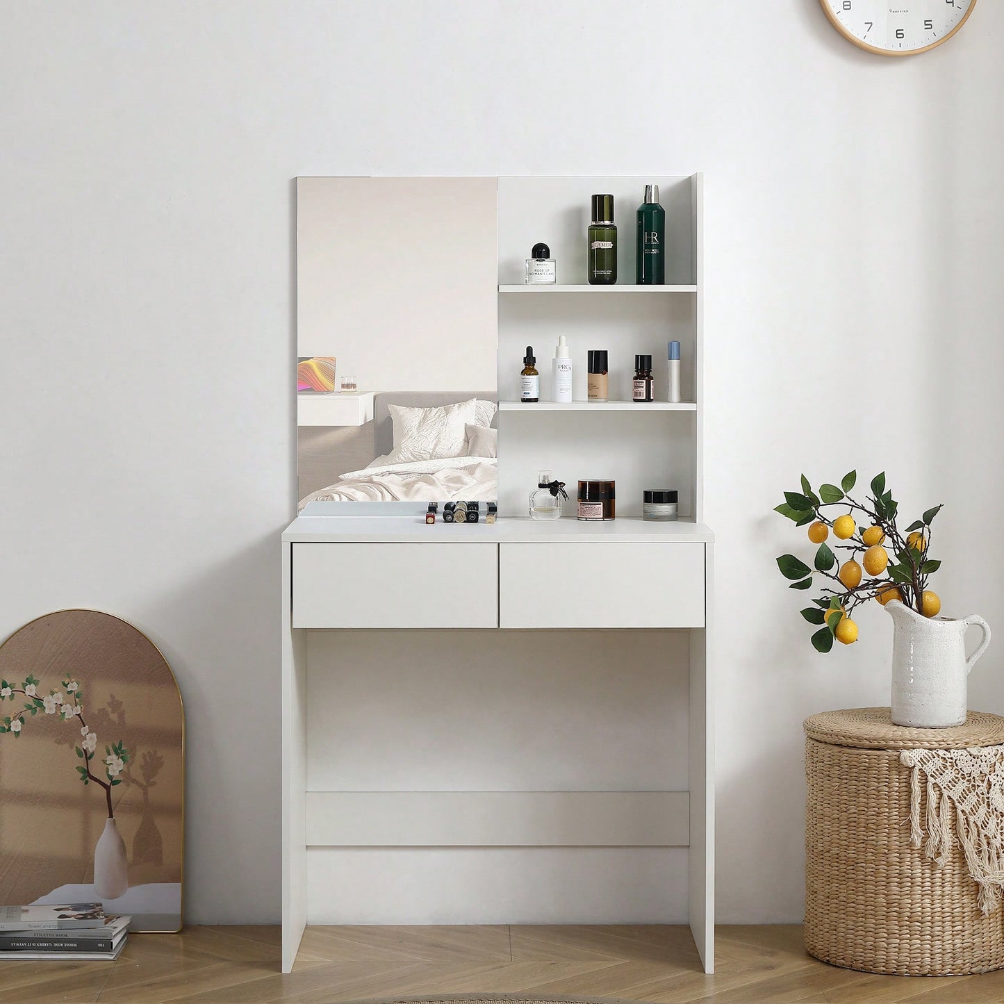 Elegant White Vanity Desk With Mirror And Two Drawers For Stylish Dressing And Organization