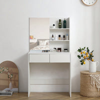 Elegant White Vanity Desk With Mirror And Two Drawers For Stylish Dressing And Organization