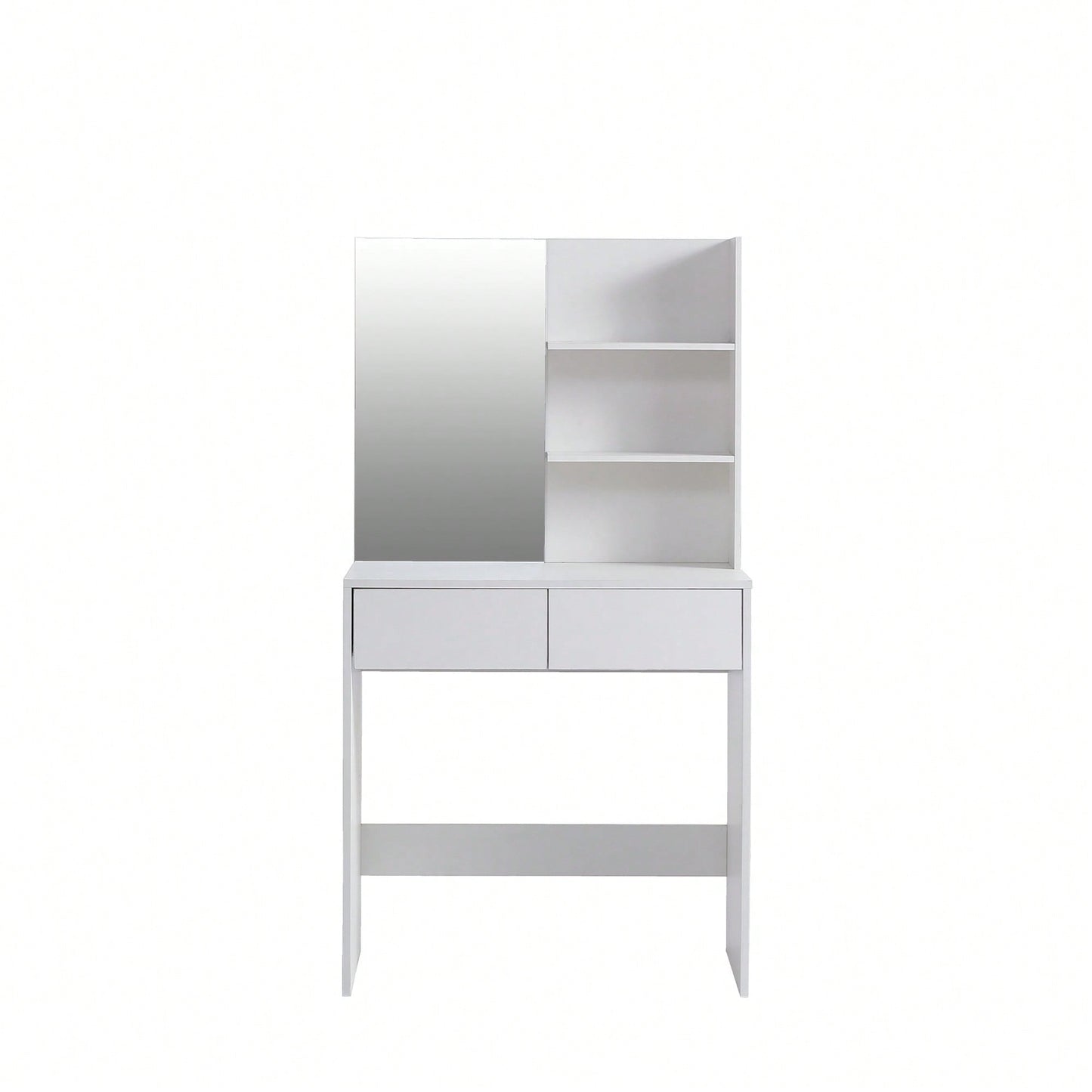 Elegant White Vanity Desk With Mirror And Two Drawers For Stylish Dressing And Organization