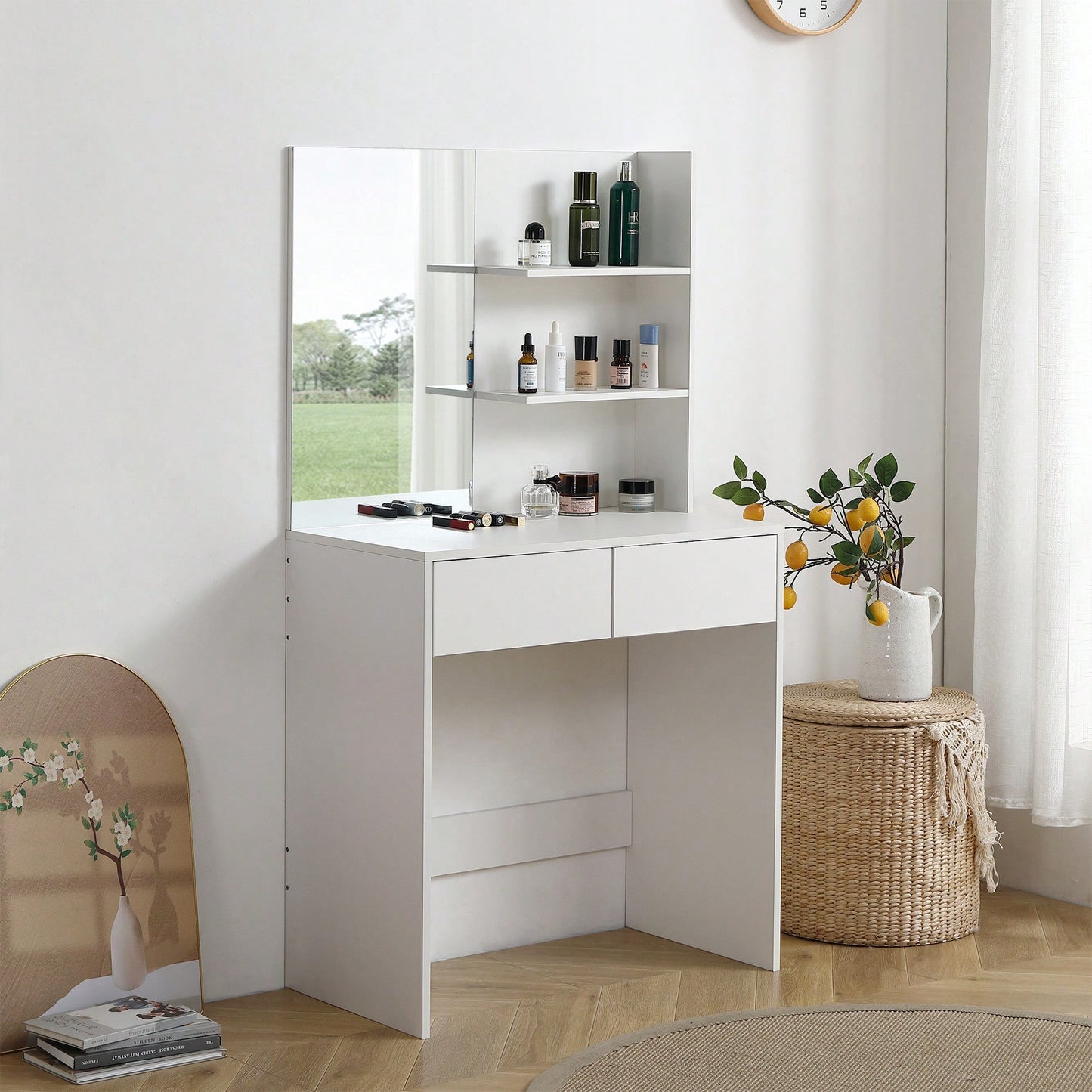 Elegant White Vanity Desk With Mirror And Two Drawers For Stylish Dressing And Organization