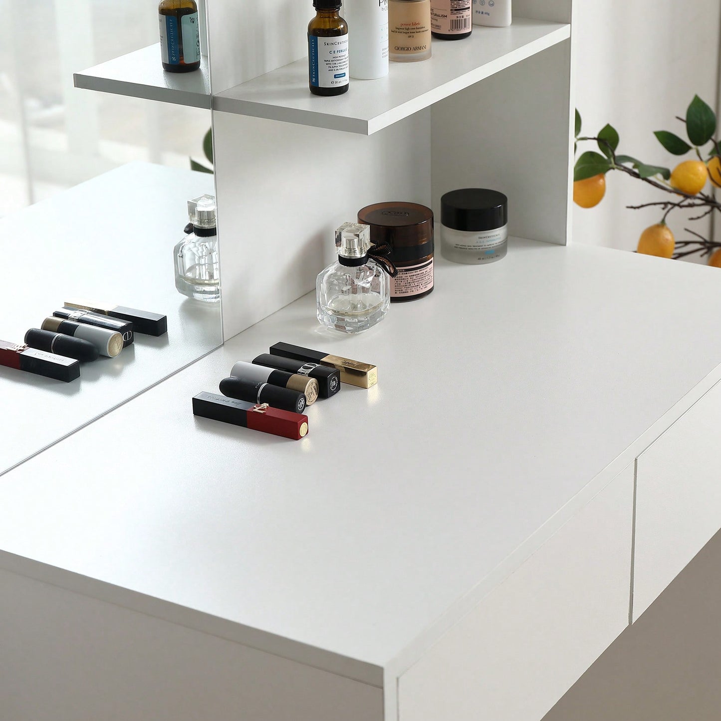 Elegant White Vanity Desk With Mirror And Two Drawers For Stylish Dressing And Organization