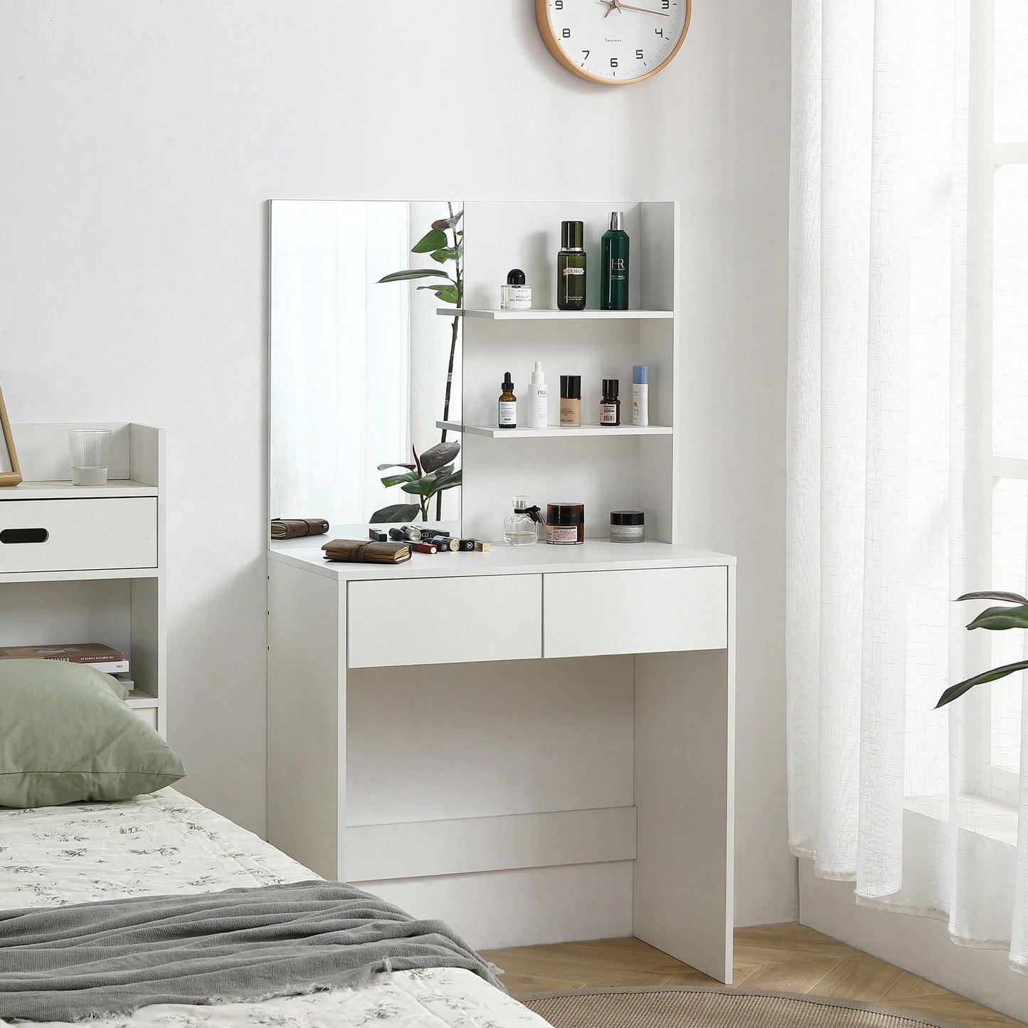 Elegant White Vanity Desk With Mirror And Two Drawers For Stylish Dressing And Organization