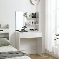 Elegant White Vanity Desk With Mirror And Two Drawers For Stylish Dressing And Organization