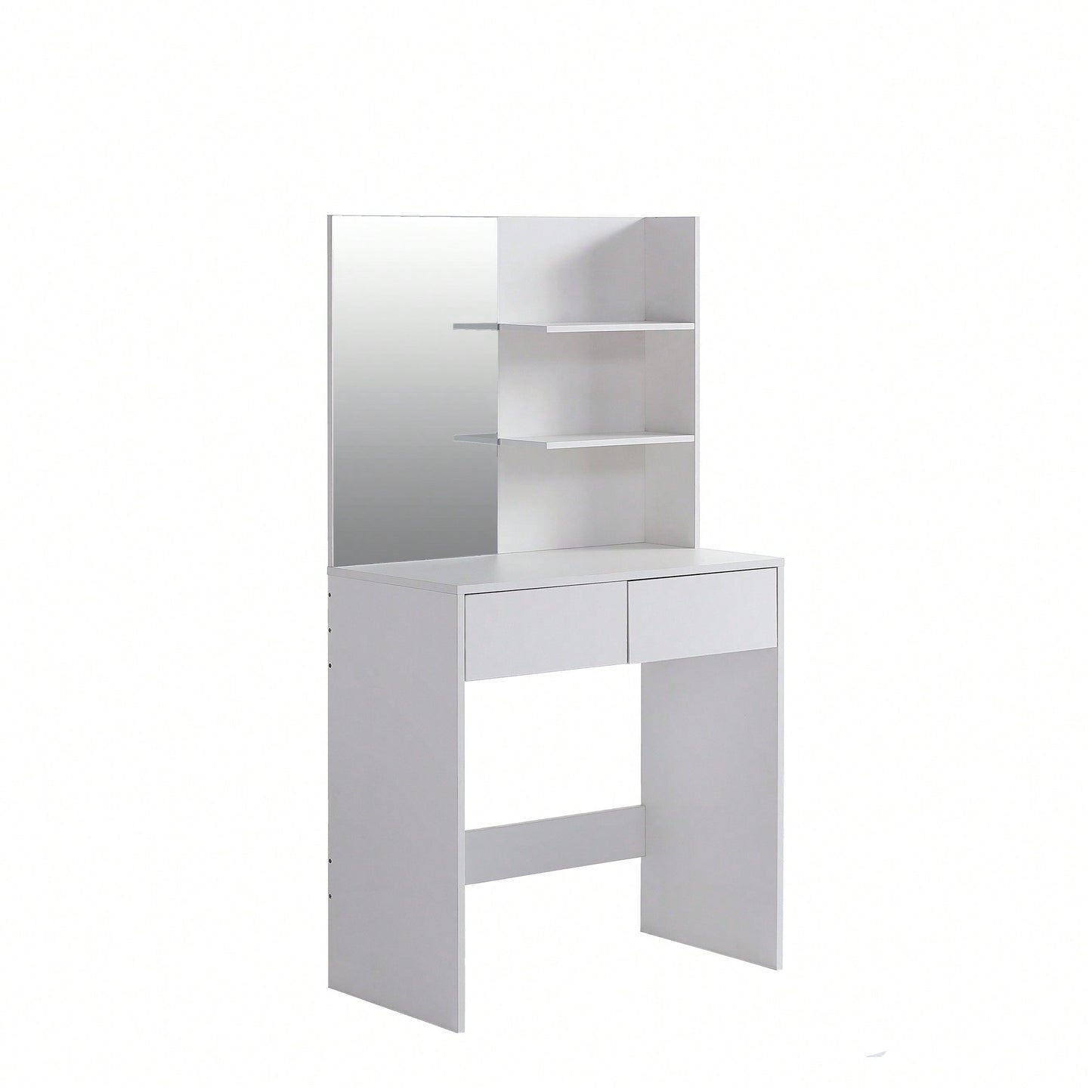 Elegant White Vanity Desk With Mirror And Two Drawers For Stylish Dressing And Organization