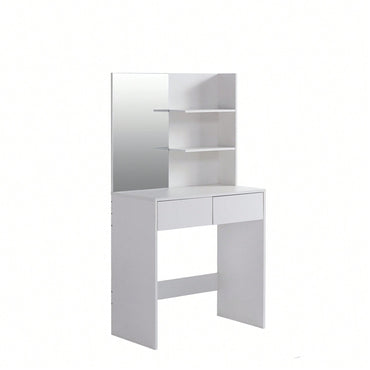 Elegant White Vanity Desk With Mirror And Two Drawers For Stylish Dressing And Organization