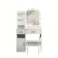 Lighted Vanity Desk Set with Adjustable Brightness 3 Color Modes Storage Drawers and Upholstered Stool in White