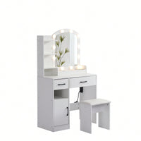 Lighted Vanity Desk Set with Adjustable Brightness 3 Color Modes Storage Drawers and Upholstered Stool in White