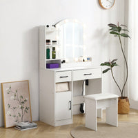 Lighted Vanity Desk Set with Adjustable Brightness 3 Color Modes Storage Drawers and Upholstered Stool in White