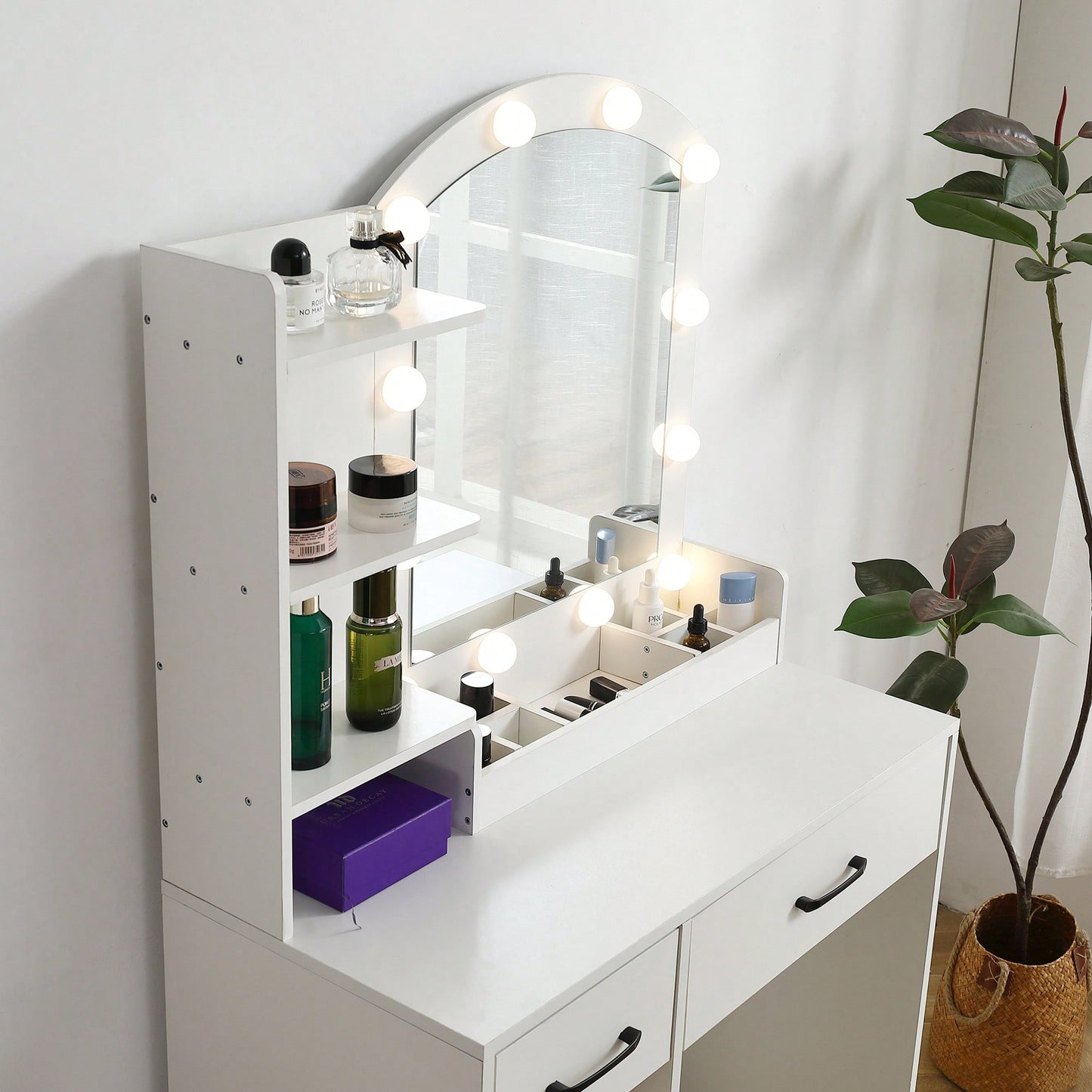 Lighted Vanity Desk Set with Adjustable Brightness 3 Color Modes Storage Drawers and Upholstered Stool in White