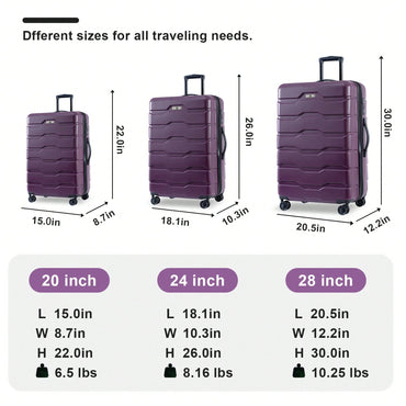 Lightweight Durable 3-Piece Hardshell Luggage Set With Spinner Wheels And TSA Lock - Purple 20/24/28 Inch Suitcases