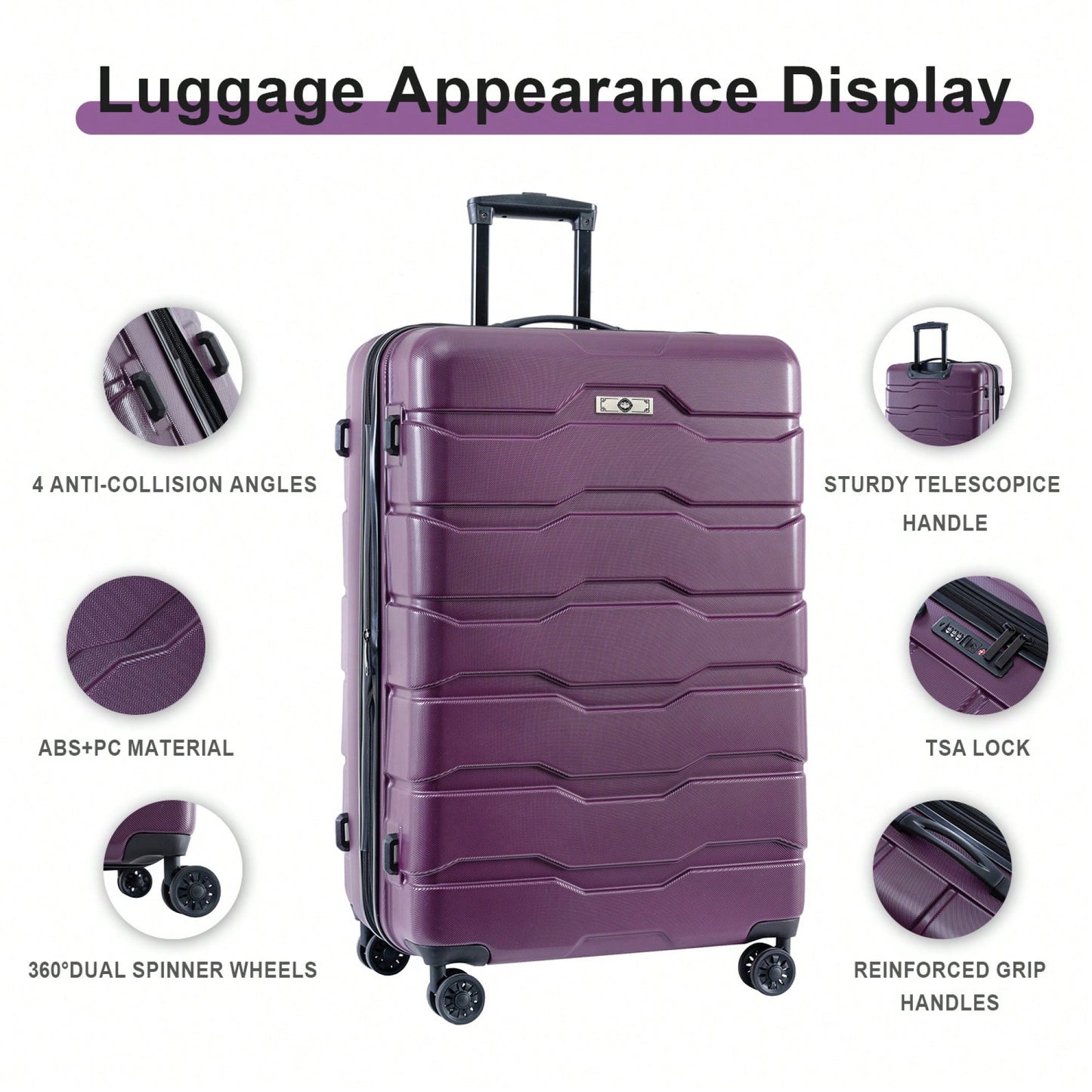 Lightweight Durable 3-Piece Hardshell Luggage Set With Spinner Wheels And TSA Lock - Purple 20/24/28 Inch Suitcases