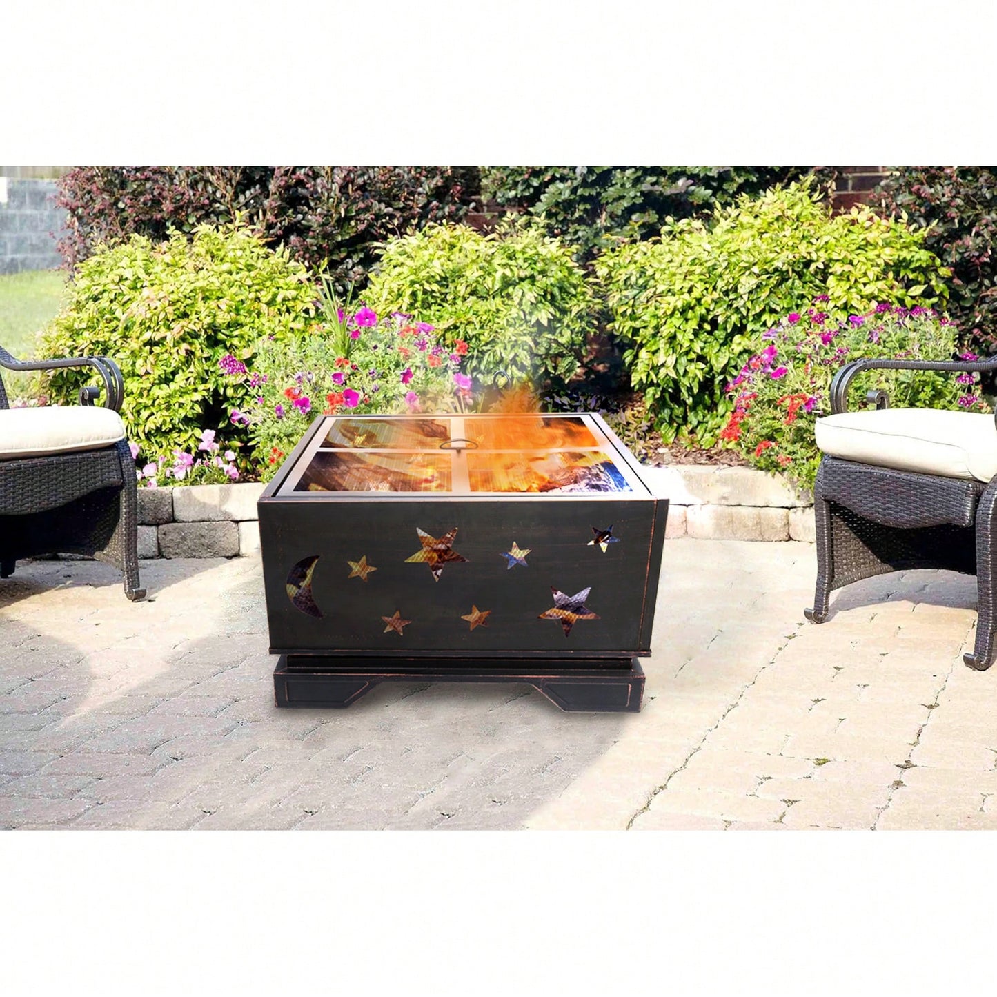 26 Inch Square Outdoor Fire Pit With BBQ Grill For Patio Garden Camping And Backyard Bonfires