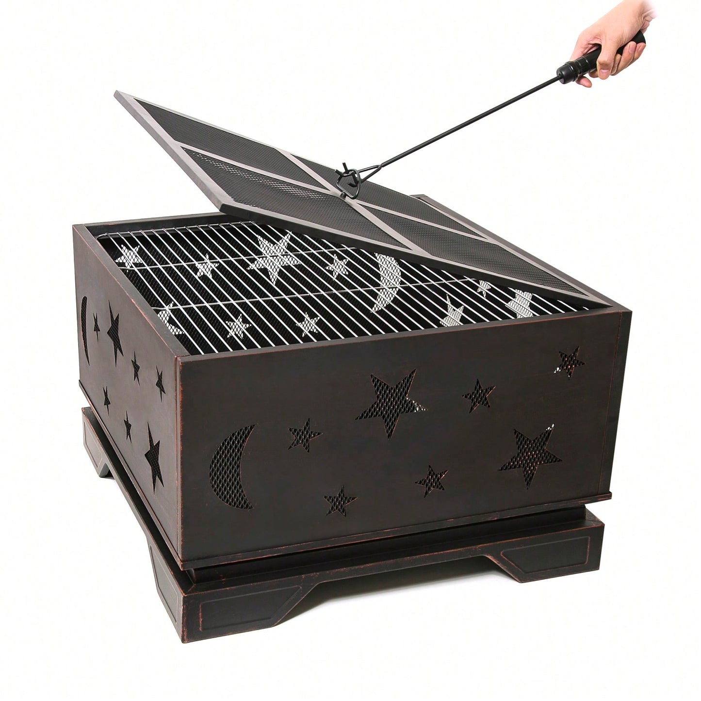 26 Inch Square Outdoor Fire Pit With BBQ Grill For Patio Garden Camping And Backyard Bonfires